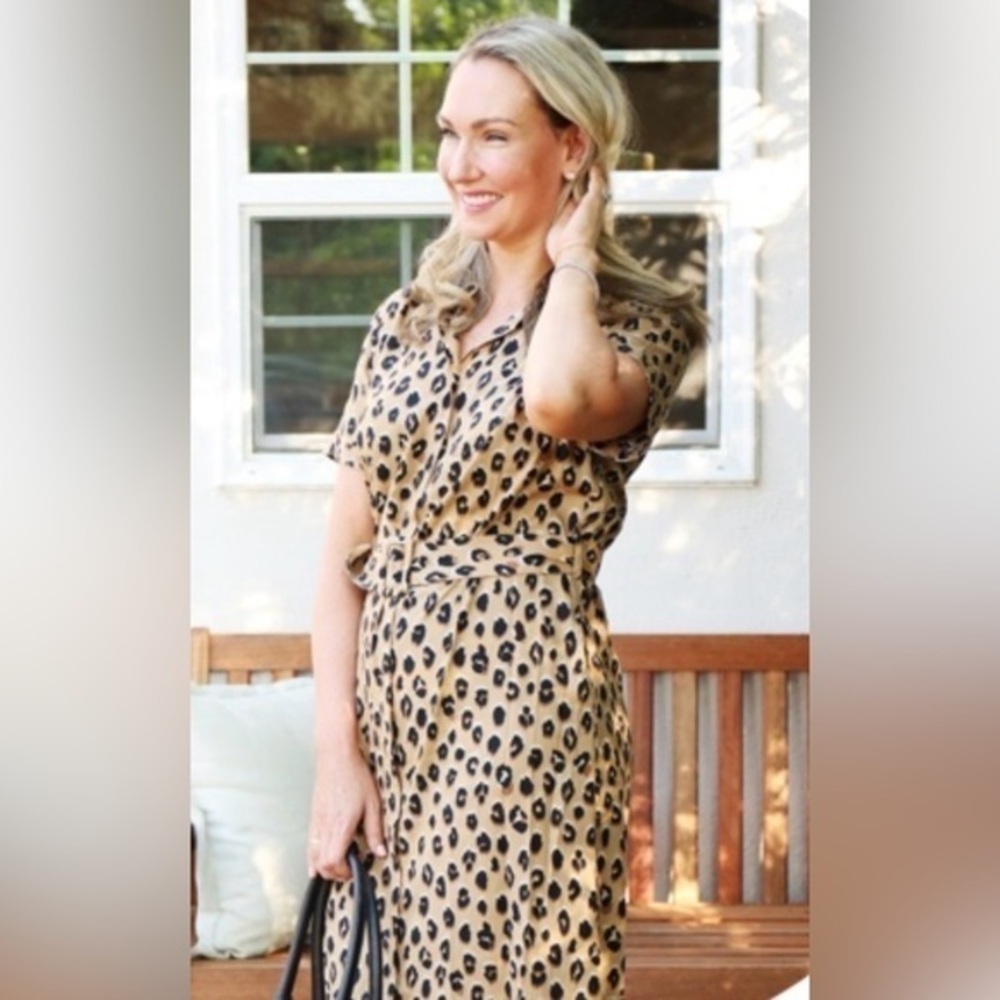 Leopard Animal Print Full Button Front Hidden Placket Belted Midi Shirt Dress XL